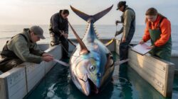 A rare giant bluefin tuna is measured and confirmed by marine biologists using peer-reviewed protocols